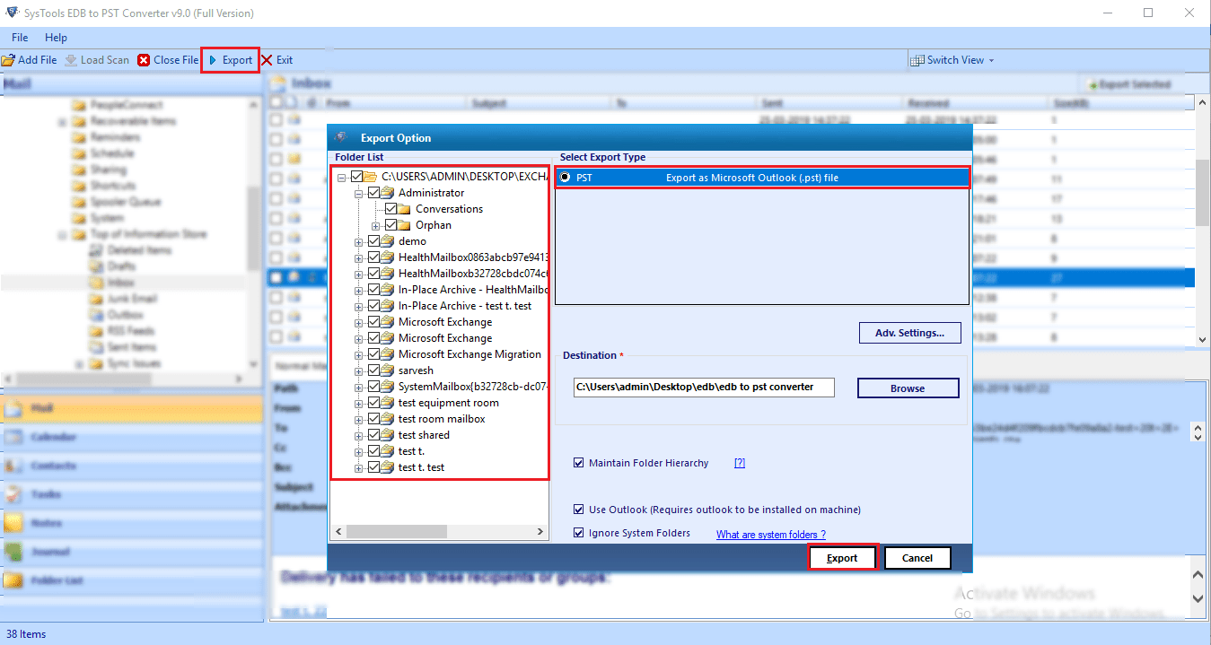 Save converted EDB to PST file