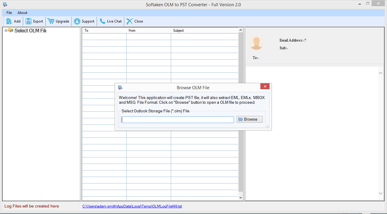 EmailSoftwares OLM to PST Converter Software - Home Screen