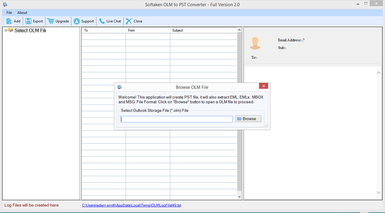 OLM to PST Converter Software - Home Screen