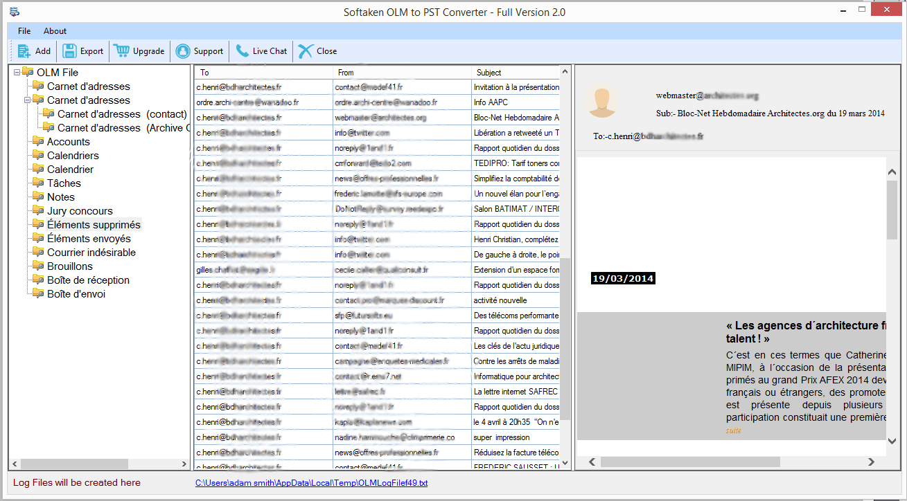 Select OLM file for Conversion