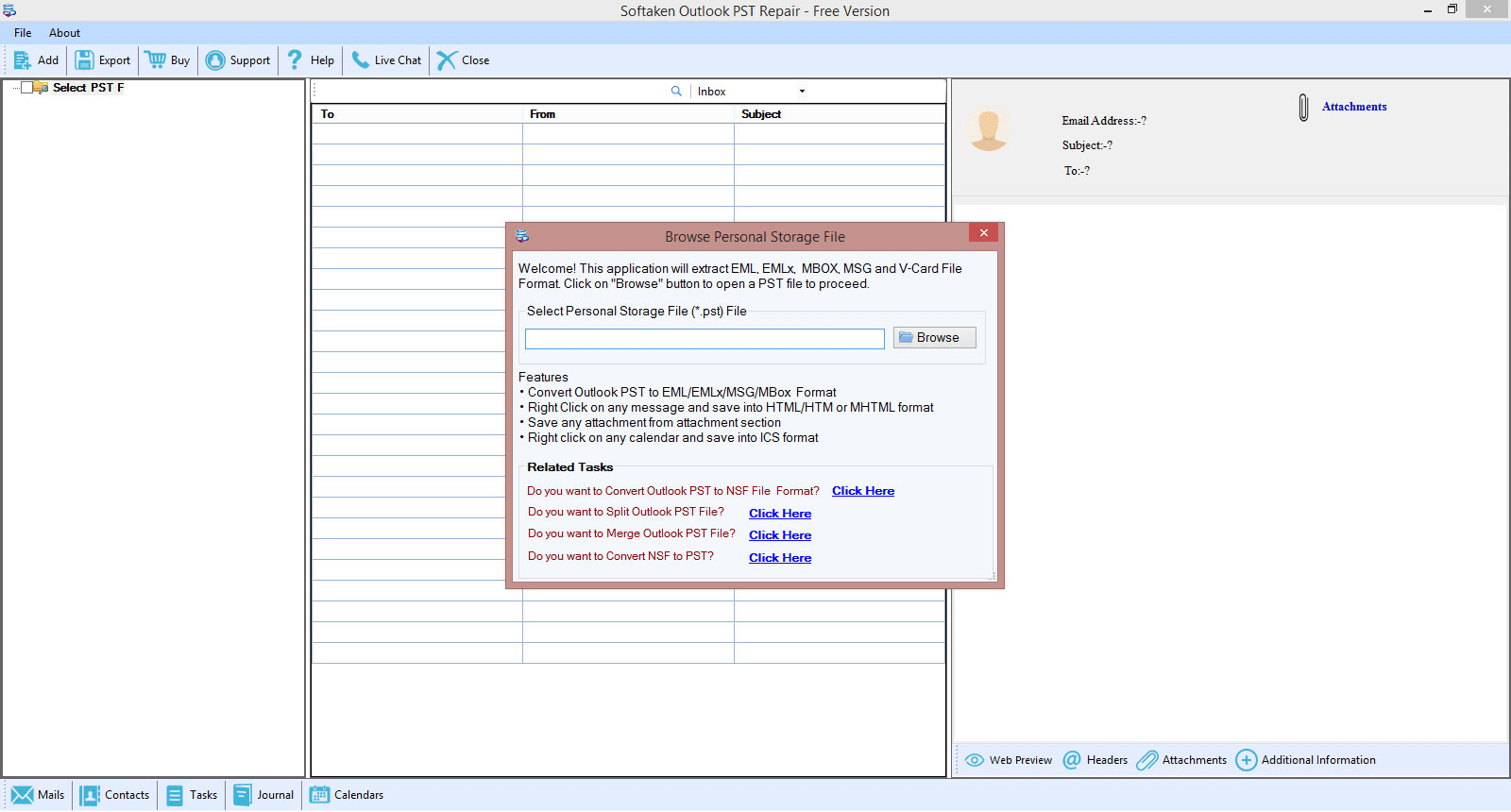 EmailSoftwares Outlook PST Recovery Software - Home Screen